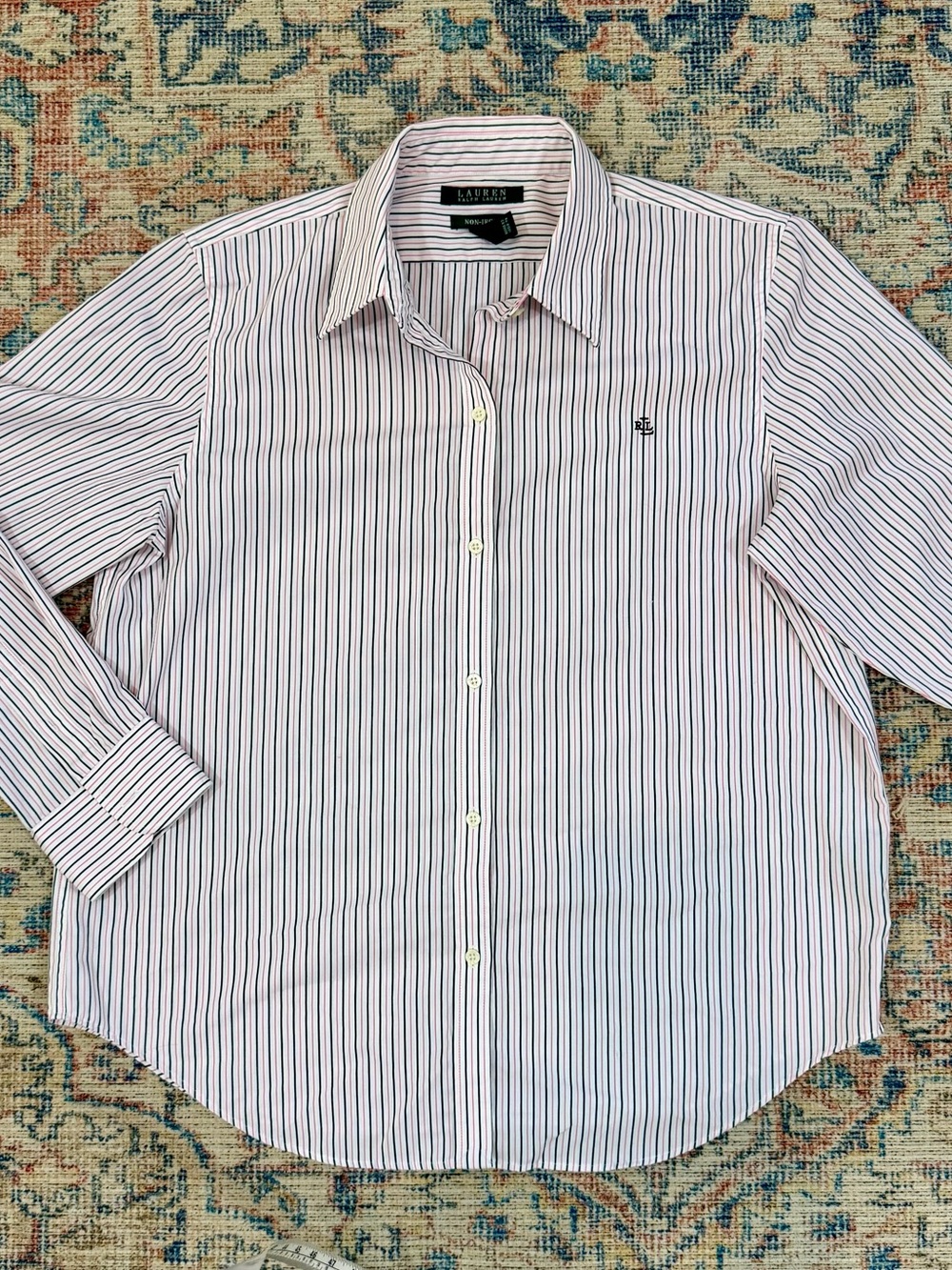 Lauren Ralph Lauren Shirt L Pink Black Pinstripe 100% Cotton Non Iron Preppy - Picture 6 of 10